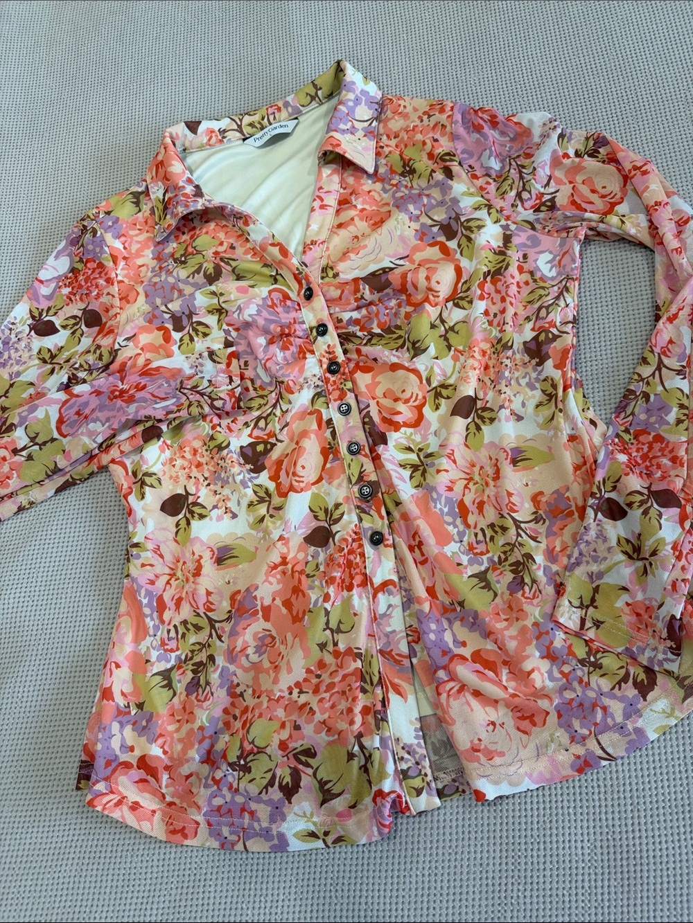 Button-Front Floral Women’s Shirt — Coral, Pink & Lilac